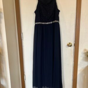 CITY STUDIO 16/17 Womens Navy Halter Full Length Lined jeweled Formal Dress